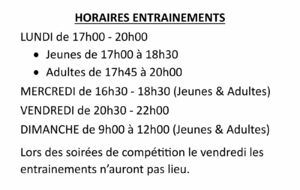 HORAIRES ENTRAINEMENTS &amp; COMPETITIONS